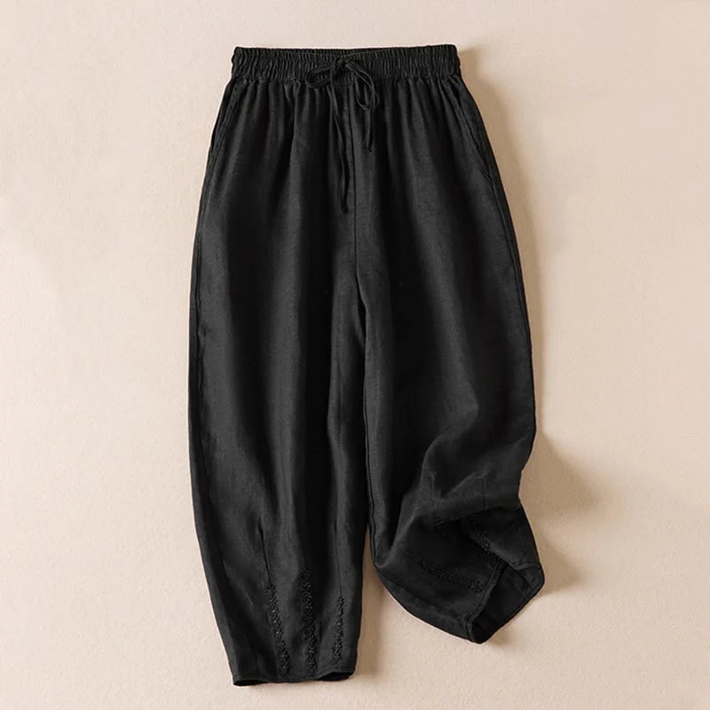 Buddha Stones Summer Small Flower Embroidery  Harem Pants With Pockets