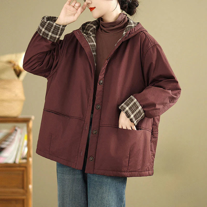 Buddha Stones Plaid Hoodie Pattern Women's Long Sleeve Cotton Thickened Jacket With Pockets