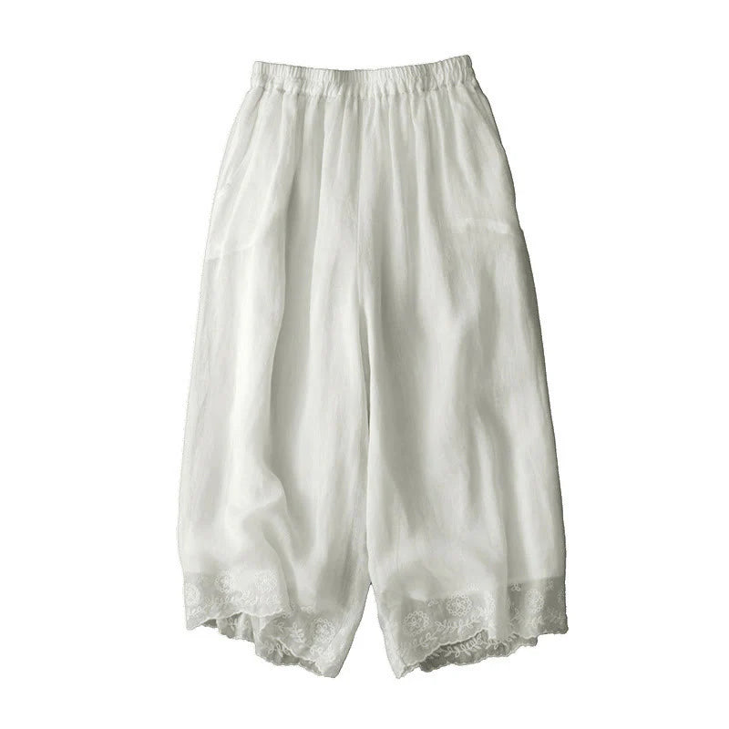 Buddha Stones Commute Solid Color Lace Embroidery Design Cotton Women's Wide Leg Cropped Pants With Pockets