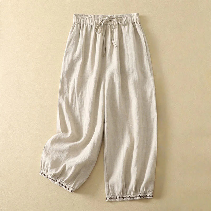 Buddha Stones Casual Retro Drawstring Embroidery Design Women's Cotton Linen 7-8 Length Pants With Pockets