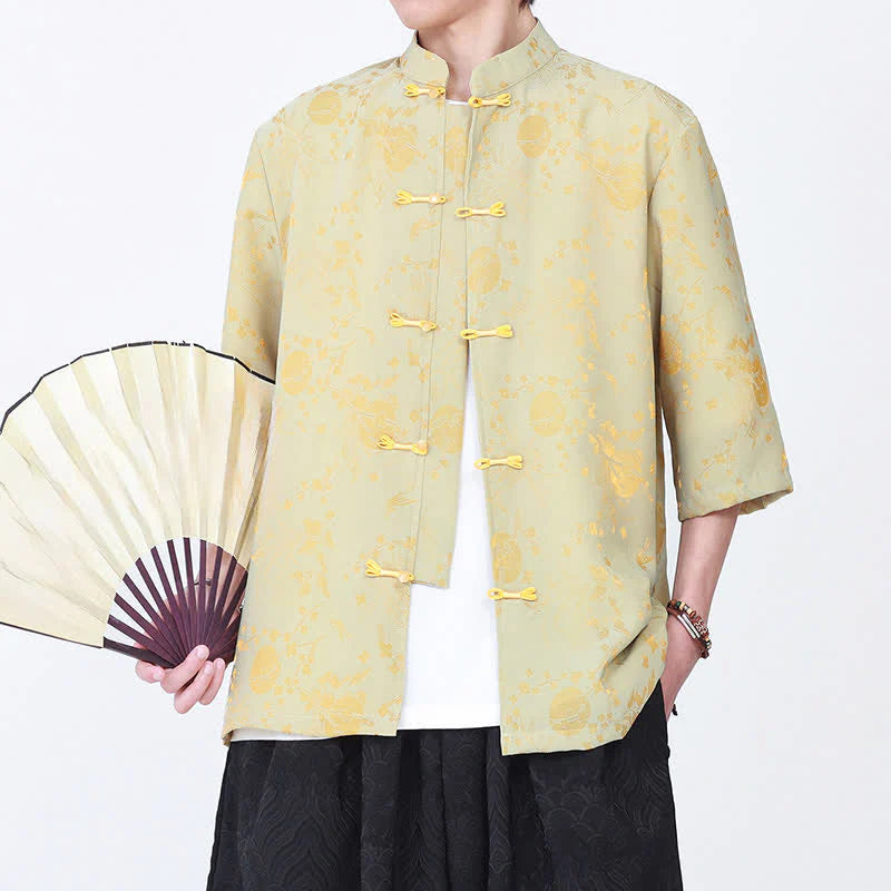 Buddha Stones Summer Vintage Elegant Mandarin Collar Gold Cloud Pattern Elbow Sleeve Men's Shirt