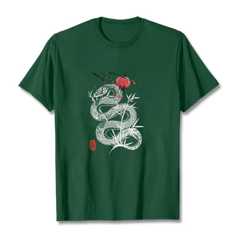 Buddha Stones Lantern Bamboo Leaves Snake Design Cotton Tee T-shirt