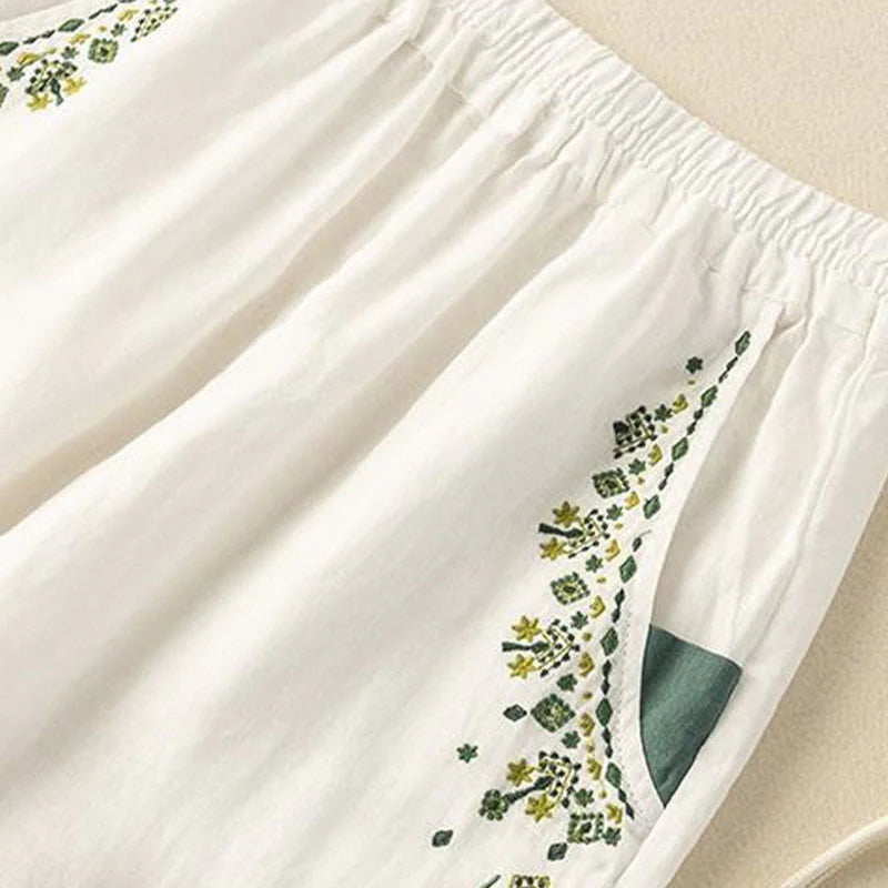 Buddha Stones Vintage Embroidery Elastic Waist Capri Harem Pants With Pockets