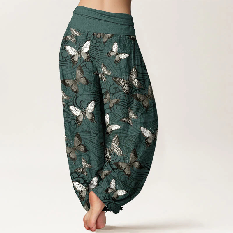 Buddha Stones Pure Cotton Gray Black Butterfly Striped Women's Elastic Waist Harem Pants