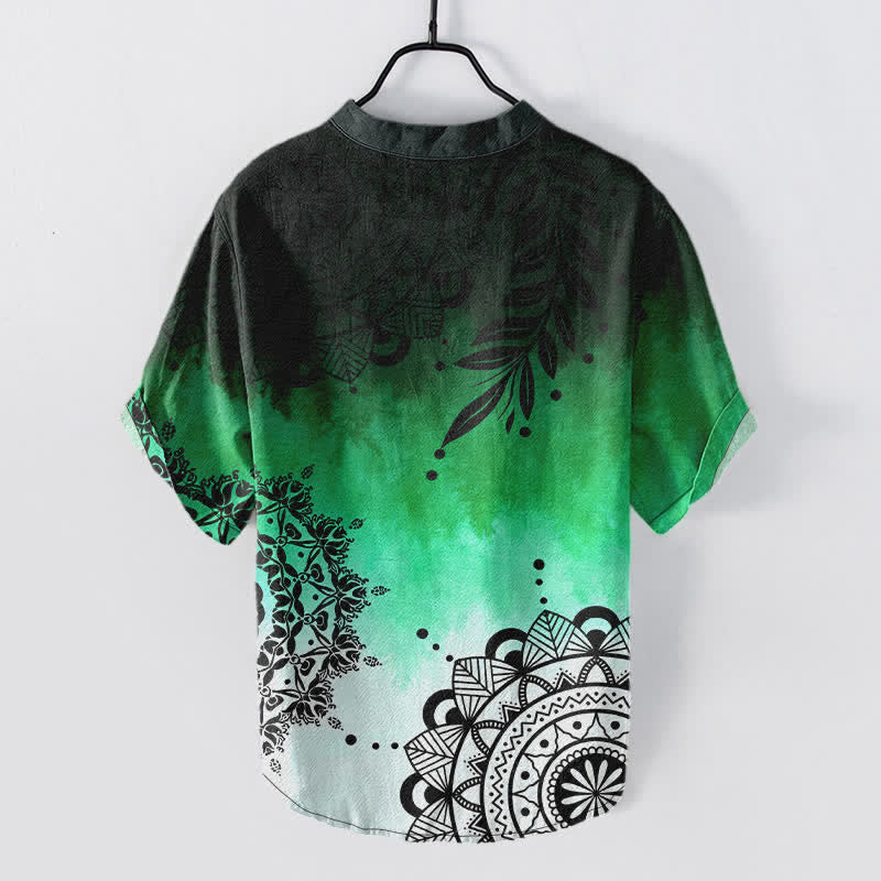 Buddha Stones Cotton Mandala Pattern Men's Short Sleeve Half Button Shirt