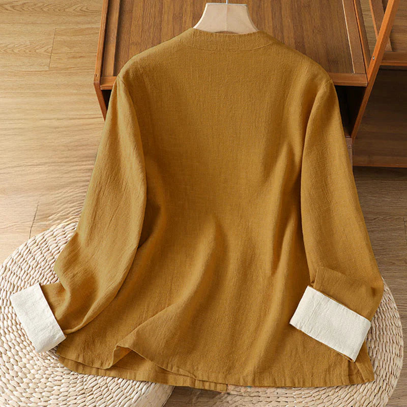 Buddha Stones Color Contrast Design Chinese Frog-Button Long Sleeve Women's Linen Shirt