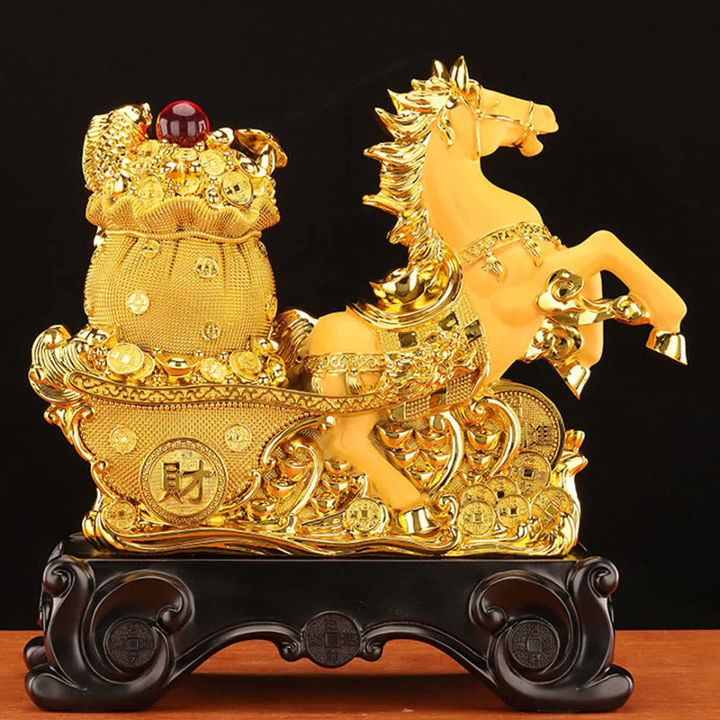 Buddha Stones  Good Fortune Year of the Horse Treasure Bowl Ingots Wealth Resin Home Decoration