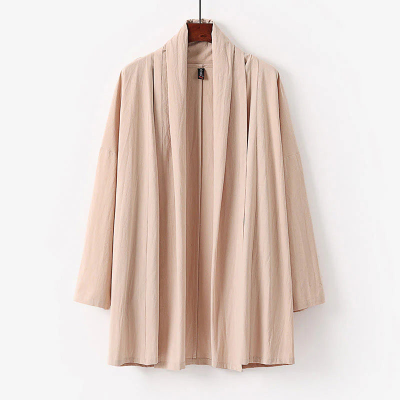 Buddha Stones Spring Fall Solid Color Long Sleeve Mid-length Open Front Men's Kimono