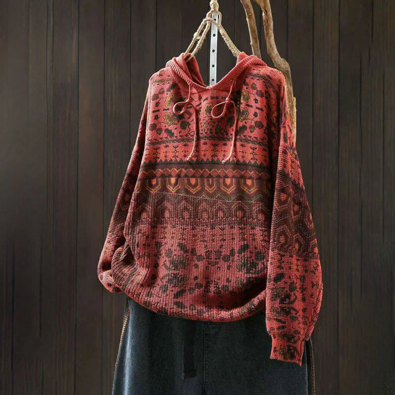 Buddha Stones Fall Striped Geometric Flowers Cotton Women's Long Sleeve Pullover Knitted Hoodie