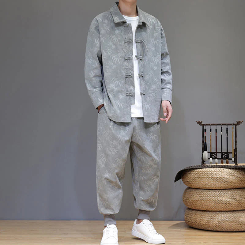 Buddha Stones 2Pcs Winter Thick Bamboo Men's Tang Suit Frog-Button Cotton Corduroy Long Sleeve Jacket Pants Set With Pockets