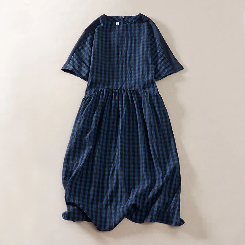 Buddha Stones Summer MidnightBlue Checked  A-line Pleated Crew Neck Knee Length Women's Short Sleeve Dress