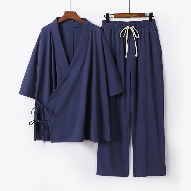 Buddha Stones 2Pcs Fall Lace-up Three Quarter Sleeve Cotton Kimono Drawstring Pants With Pockets Men's Meditation Cloth Set