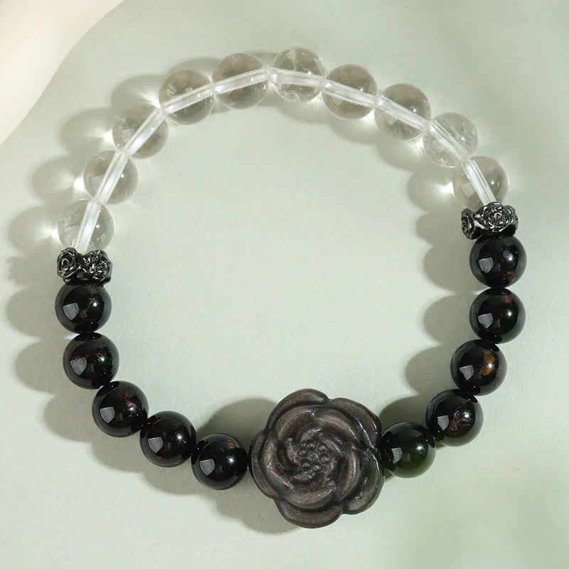 Buddha Stones Black Tourmaline Clear Quartz Carved Rose Flower Design Focus Bracelet