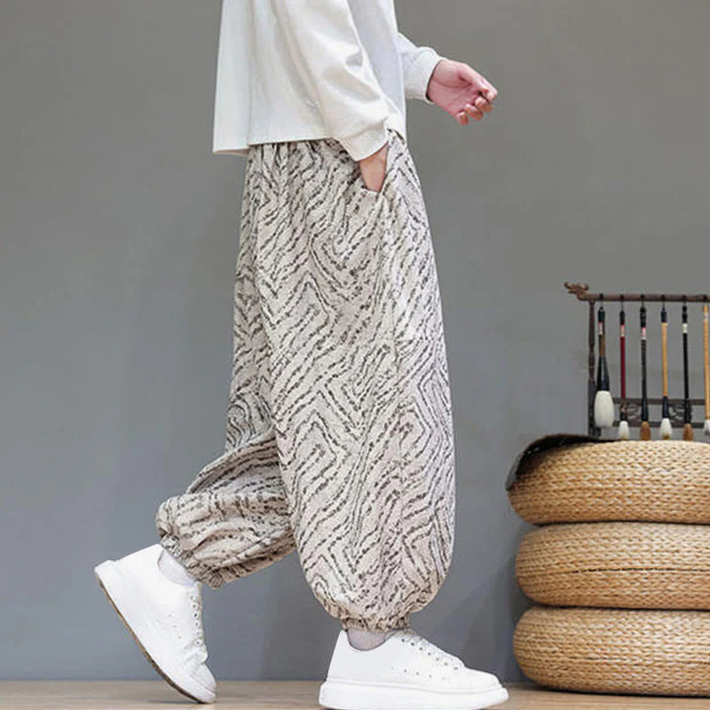 Buddha Stones Fall Texture Drawstring Design Corduroy Cotton Linen Men's Harem Pants With Pockets