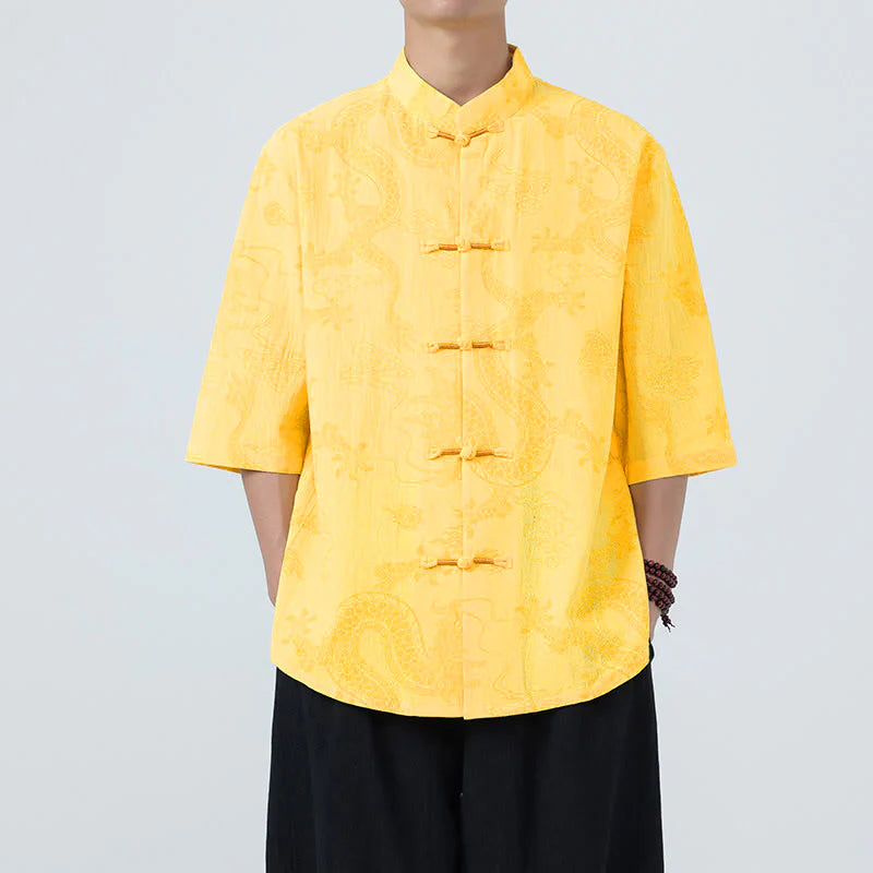 Buddha Stones Summer Dragon Auspicious Clouds Pattern Tang Suit Men's Frog-Button Half Sleeve Cotton Shirt