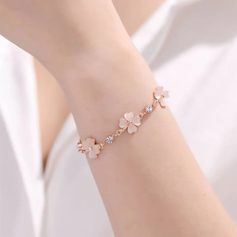 Buddha Stones Pink Crystal Four Leaf Clover Love Chain Bracelet