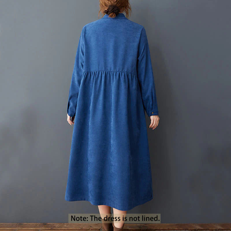 Buddha Stones Plain Buttons Design Thermal Cotton Linen Long Sleeve Midi Dress With Pockets