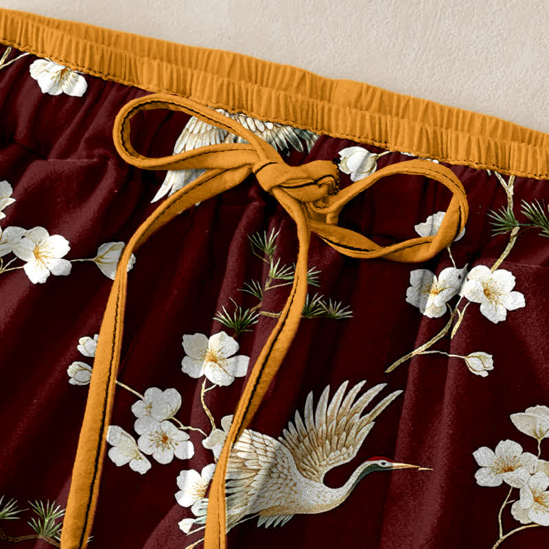 Buddha Stones Pure Cotton Crane Plum Blossom Elastic Waist Women's Pants With Pockets
