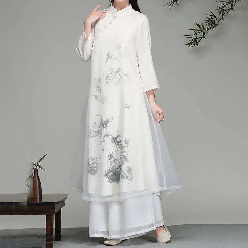 Buddha Stones  Chinese Frog-Button Design Long Sleeve Chiffon Midi Dress