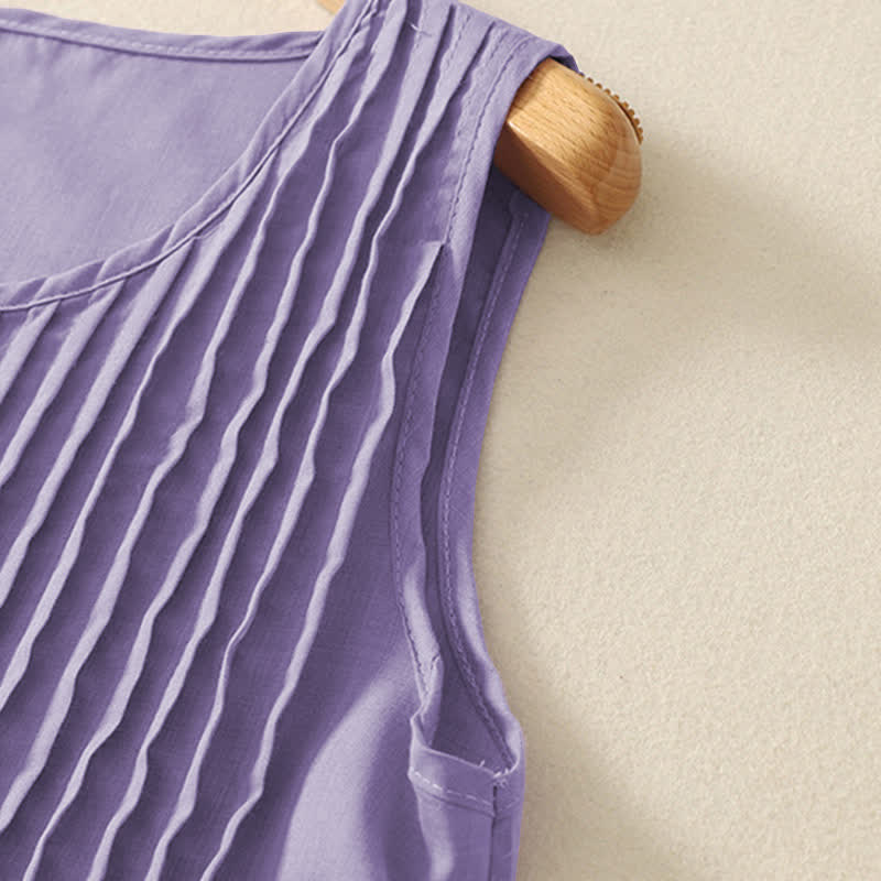 Buddha Stones Summer Pure Color Accordion Pleats Sleeveless Knee Length Dress With Pockets