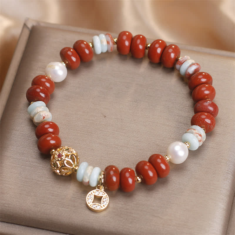 Buddha Stones Red Jasper Shoushan Stone Abacus Beads Copper Coin Protection Bracelet