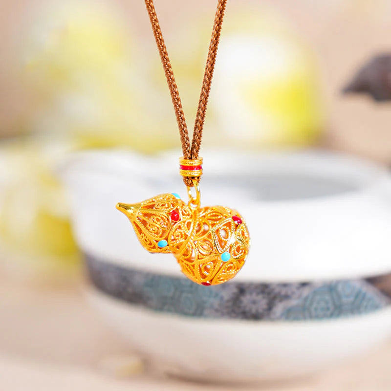 Buddha Stones Hollow Gourd Design 24k Gold Plated Brass Rope Necklace Pendant