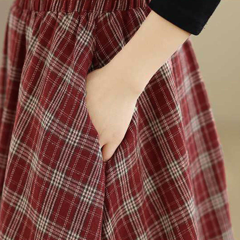 Buddha Stones Women's Plaid Pattern Cotton Skirt With Pockets