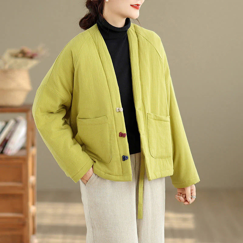 Buddha Stones Winter Long Sleeve Cotton Women's Thermal Jacket With Pockets