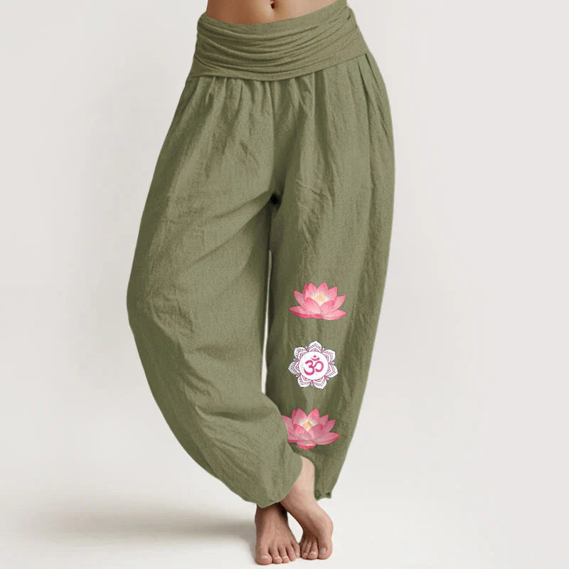 Buddha Stones Cotton Om Lotus Flower Pattern Women's Elastic Waist Harem Pants