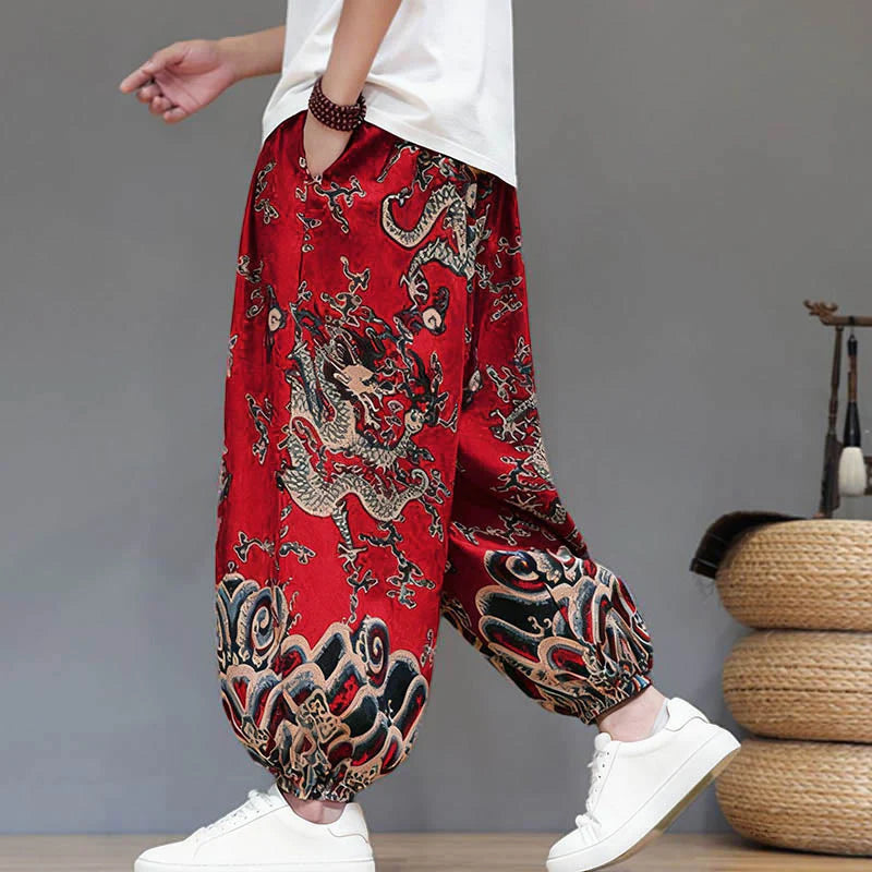 Buddha Stones Summer Dragon Drawstring Design Cotton Linen Men's Harem Pants With Pockets