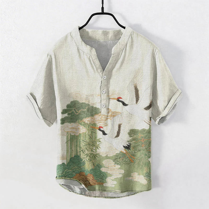 Buddha Stones Cotton Crane Auspicious Clouds Landscapes Pattern Men's Short Sleeve Half Button Shirt