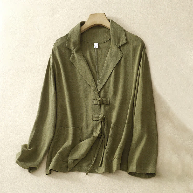 Buddha Stones Women's Cotton Linen Frog-Button Long Sleeve Jacket With Pockets
