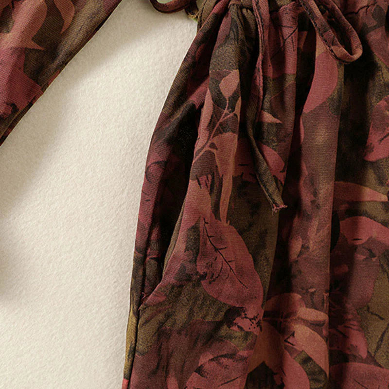 Buddha Stones Casual Flower Printed Pattern Buttons Design Long Sleeve Midi Dress With Pockets