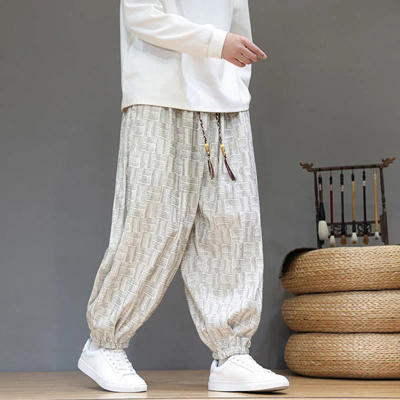 Buddha Stones Fall Jacquard Plaid Pattern Cotton Corduroy Men's Harem Pants With Pockets