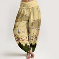 Buddha Stones Pure Cotton Softly Colored People Buildings Peacock Feathers Trees Flowers Rocks Pattern Women's Elastic Waist Harem Pants