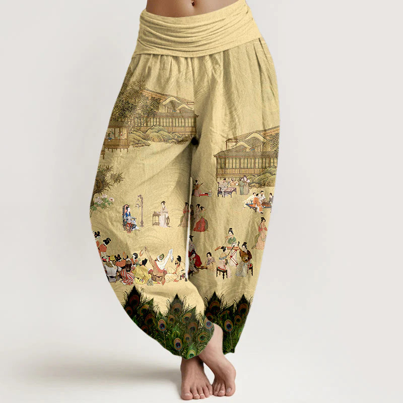 Buddha Stones Pure Cotton Softly Colored People Buildings Peacock Feathers Trees Flowers Rocks Pattern Women's Elastic Waist Harem Pants