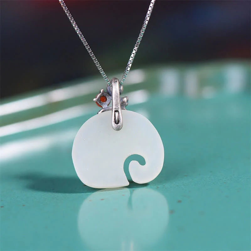 Buddha Stones White Jade Elephant Lotus Protection Necklace Pendant
