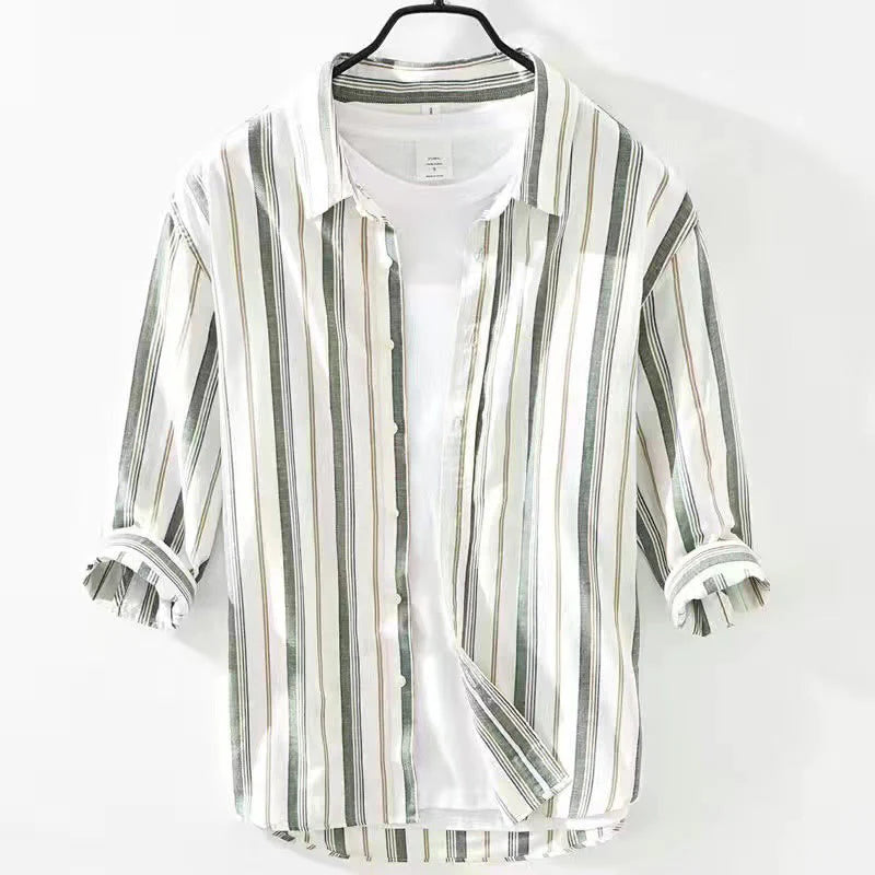 Buddha Stones Fall Stripe Decorative Pocket Buttons Down Long Sleeve Three Quarter Sleeve Short Sleeve Men's Cotton Shirt