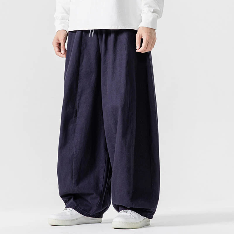 Buddha Stones Fall Solid Color Cotton Elastic Waist Men's Harem Pants With Pockets