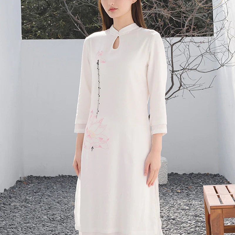 Buddha Stones 2Pcs Lotus Pattern Tai Chi Meditation Yoga Cotton Linen Clothing Top Pants Women's Set  (Extra 30% Off | USE CODE: FS30)