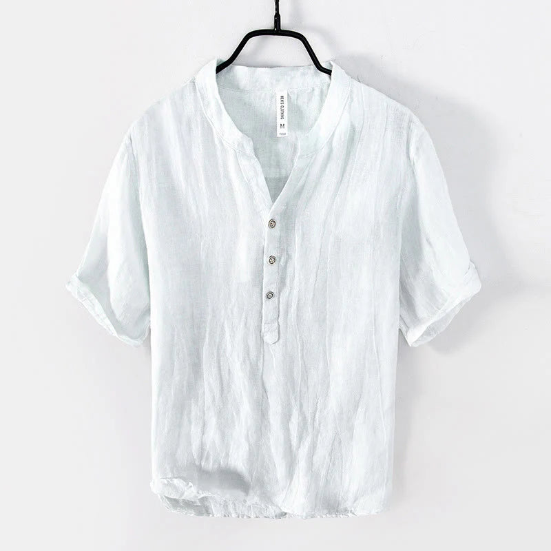 Buddha Stones Solid Color Short Sleeve Half Button Shirt Cotton Linen Men Clothing