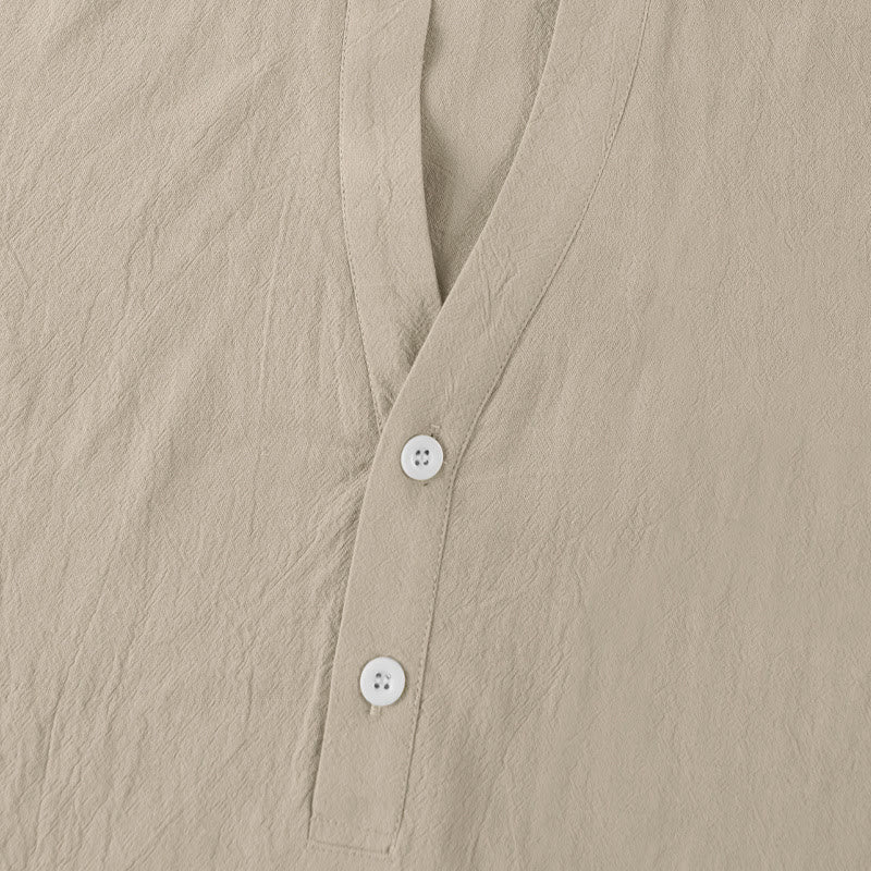 Buddha Stones Solid Summer Short Sleeve Half Buttons Linen Men's Shirt