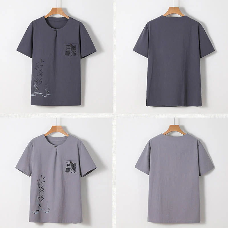 Buddha Stones 2Pcs Chinese Characters Crane Cotton Shirt Pants With Pockets Men's Meditation Cloth Set