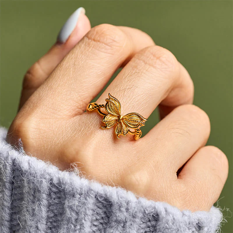 Buddha Stones 24k Gold Plated Brass Butterfly Symbol Adjustable Love Ring