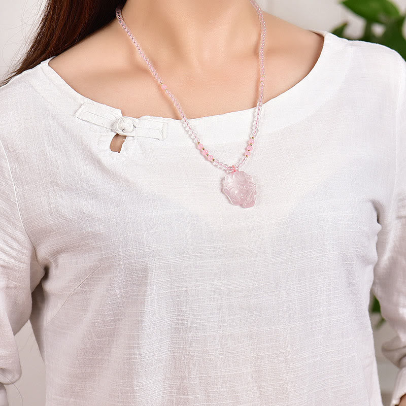 Buddha Stones Natural Pink Crystal Nine Tailed Fox Love Necklace Pendant (Extra 30% Off | USE CODE: FS30)