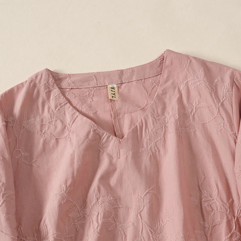 Buddha Stones Spring V-Neck Long Sleeve Leaf Pattern Women's Cotton Shirt