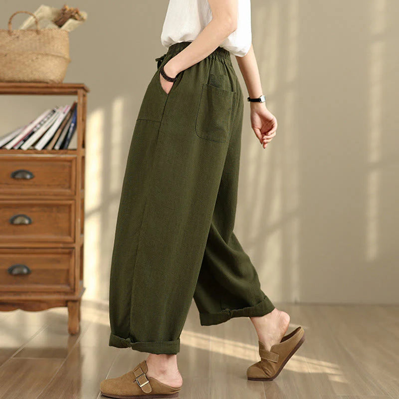 Buddha Stones Women's Fall Plain Color Drawstring Cotton Linen 7-8 Length Pants With Pockets