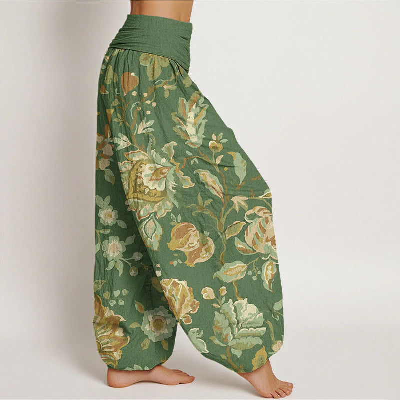 Buddha Stones Cotton Casual Blooming Flowers Buds Design Women's Elastic Waist Harem Pants