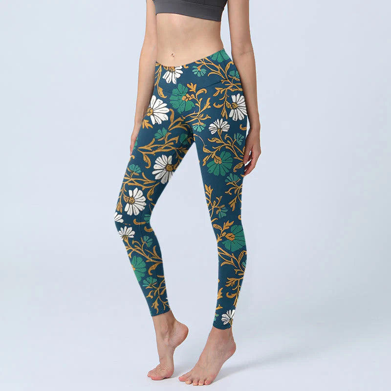 Buddha Stones Retro Pastoral Style Flowers Vines Pattern Print Gym Leggings Women's Yoga Pants