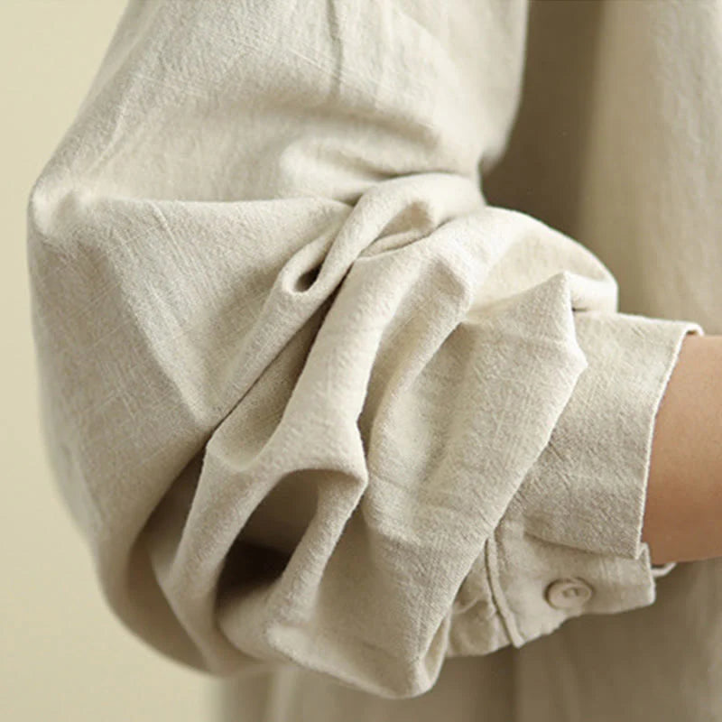 Buddha Stones Plain Design Long Sleeve Women's Cotton Linen Jacket With Pockets